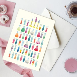 Carte d’anniversaire, Carte de vœux science des tubes à essai avec enveloppe, illustration à l’aquarelle, couleurs arc-en-ciel 5 x 7 po, carte A7