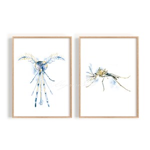 Mosquito Art Poster Set of 2, Mosquito Head  & Side View Biology Wall Decor Science Art Print
