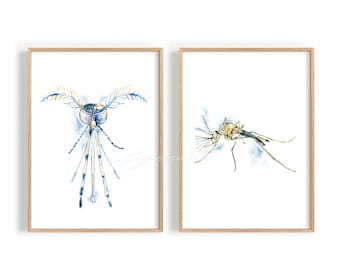 Mosquito Art Poster Set of 2, Mosquito Head  & Side View Biology Wall Decor Science Art Print