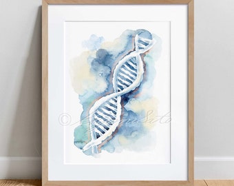 May include: A watercolor painting of a DNA double helix in shades of blue and white, set against a background of soft blue, yellow, and green watercolor washes.