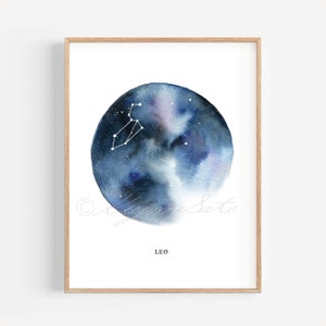 Leo Constellation Art, Astrological sign, Watercolor Zodiac art poster, Constellation wall decor