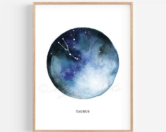 Taurus Constellation, astrological sign, watercolor art, Zodiac poster print, Taurus horoscope wall decor