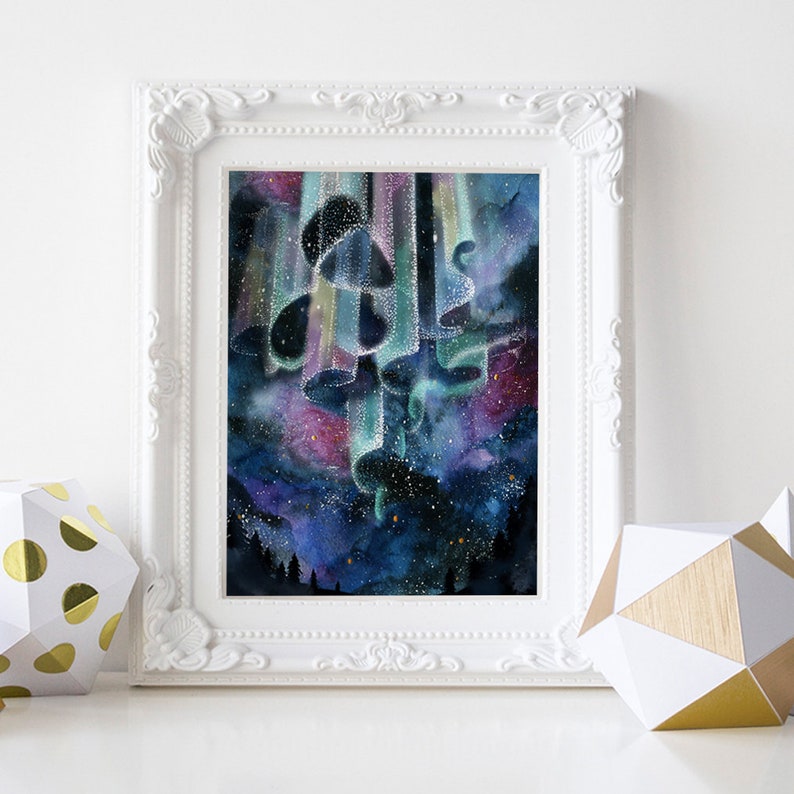 May include: Watercolor painting of a dark blue night sky with a swirling galaxy of stars and a vibrant aurora borealis in shades of green, purple, and pink. The aurora borealis is shaped like a series of mushrooms.