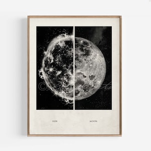 Sun and Moon Poster, Vintage Style Astronomy Science Art Print Full Moon Sun Solar Flare Illustration Art Print