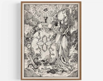 Blood, Heme, Hemoglobin, Chemical Structure Poster, Medieval Style, Dark Academia Decor
