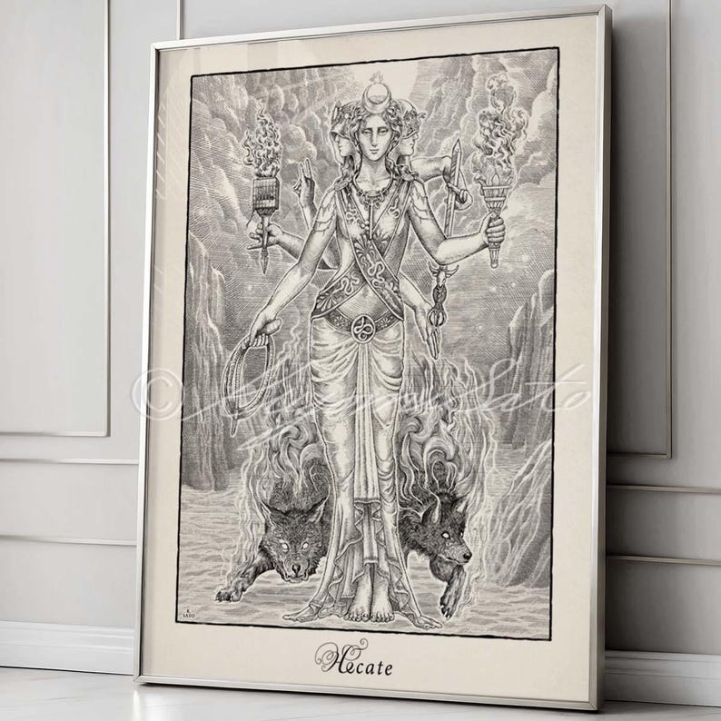 K&ouml;nnte beinhalten: Schwarzwei&szlig;-Illustration von Hekate, der griechischen G&ouml;ttin der Hexerei, Magie und der Kreuzwege. Sie hat drei K&ouml;pfe und ist von Flammen und zwei W&ouml;lfen umgeben.