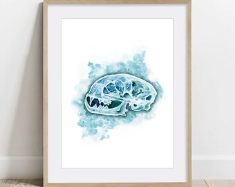 May include: A watercolor painting of a blue and green animal skull. The skull is in profile and has a detailed rendering of the teeth and bone structure.