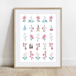 Red Flower Collection with Biology Equipments Poster, Science Art, Biology Print, 5 x 7 in, 8 x 10 in, 11 x 14 in, 12 x 16 in