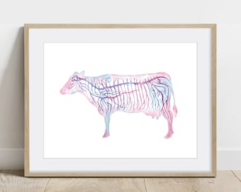 May include: Watercolor print of a cow's anatomy, showcasing the nervous system in shades of pink, blue, and purple. The cow illustration is set against a white background, framed in a light wood frame. A unique piece for home decor.