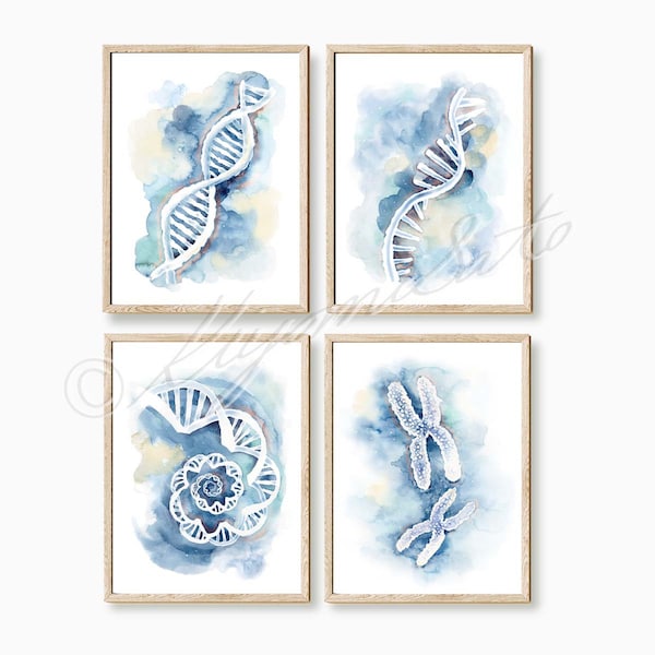 Set of 4 Genetics Posters, DNA, RNA, DNA spiral, Chromosomes science Biology art set