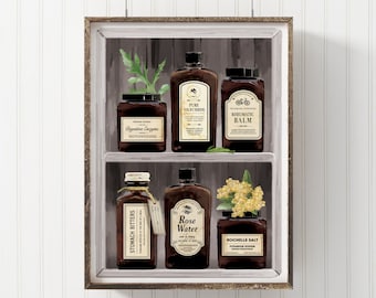 Vintage Medicine Bottle Cabinet Art print, wall decor, Poster 12 x 16 in