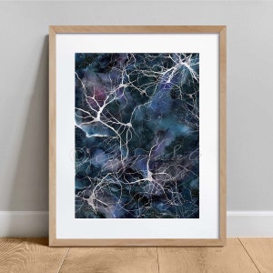 May include: A watercolor painting of a dark blue and purple galaxy with white, branching lines resembling neurons. The background is speckled with gold glitter.