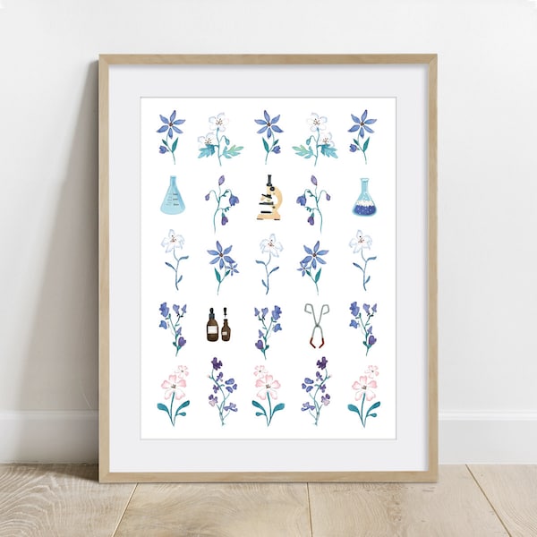Blue Flower Biology Art Print, Science Classroom Decor