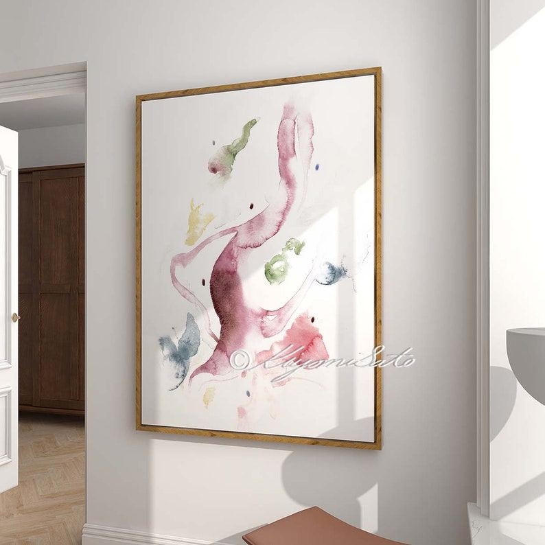 May include: Abstract watercolor painting in shades of pink, green, blue, and yellow. The painting features a large, flowing shape in the center, surrounded by smaller, scattered shapes.