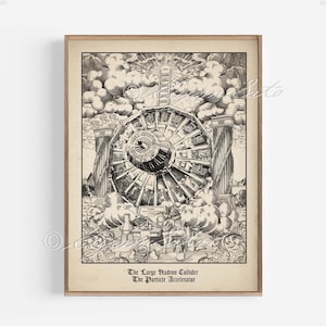 May include: A framed black and white print depicting a detailed illustration of the Large Hadron Collider, with the text "The Large Hadron Collider The Particle Accelerator" at the bottom. The artwork features a complex machine design, clouds, and figures.