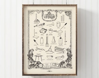 Vintage style Chemistry Lab Equipment Poster, print, wall decor, Aurum color