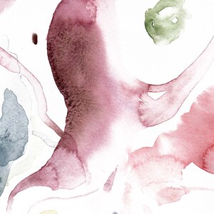 May include: Abstract watercolor painting with shades of pink, red, green, and gray. The colors blend and overlap, creating a flowing and organic design.