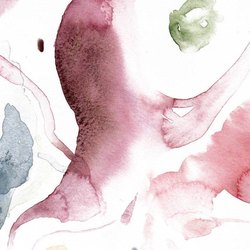 May include: Abstract watercolor painting with shades of pink, red, green, and gray. The colors blend and overlap, creating a flowing and organic design.