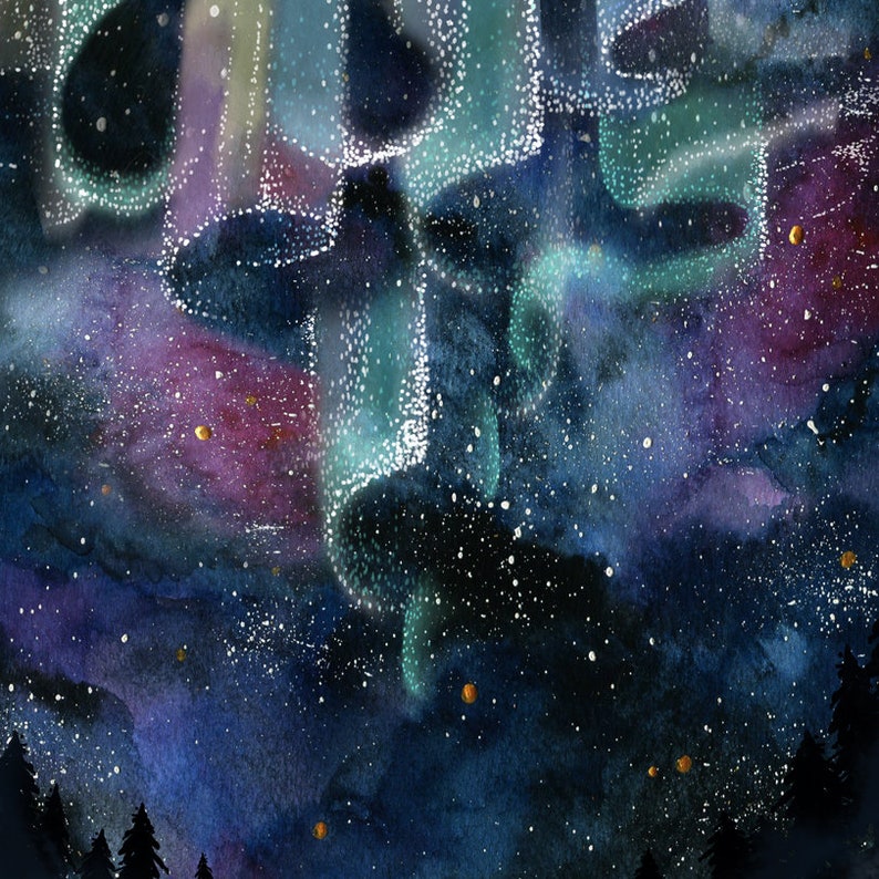 May include: A watercolor painting of a night sky with a vibrant aurora borealis in shades of green, blue, and purple. The aurora is surrounded by a field of twinkling stars and a few small, orange planets.