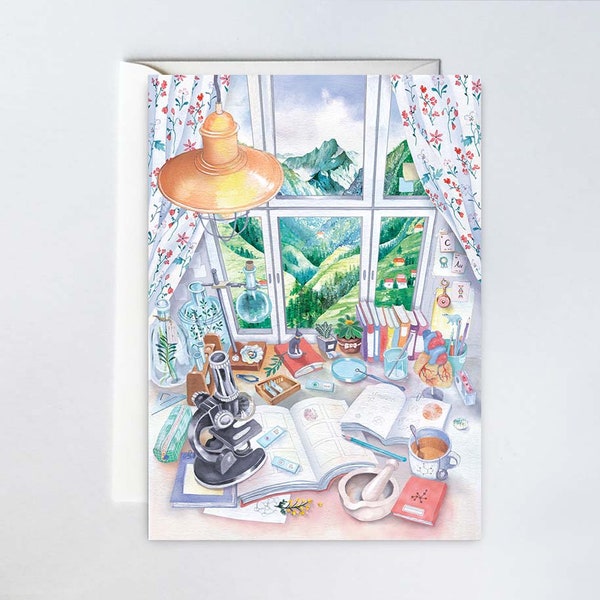 Desk with View Illustration All Occasion Blank Greeting Card 5x7 in