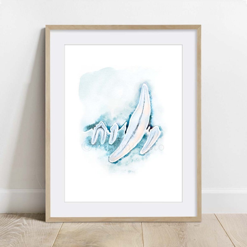 May include: A watercolor painting of a sailboat with a white sail and a blue hull. The sailboat is sailing on a blue and white watercolor background.