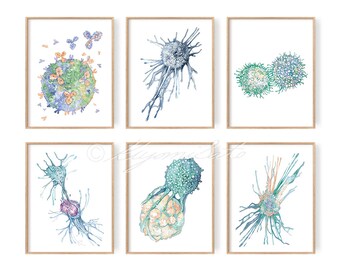 Immune cells Gallery Art poster set of 6, Defensive Cells Art, Microbiology Art Poster, Immune system Science Poster Collection