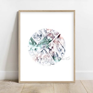 May include: Abstract watercolor painting of a circle with a green, blue, and pink design. The circle is on a white background.