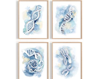 Genetics Watercolor Art Prints, DNA, RNA, Chromosomes, Set of 4