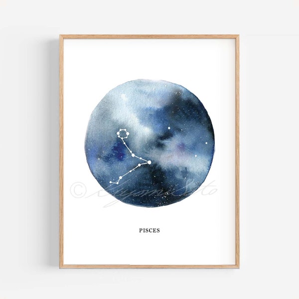 Pisces Constellation Art, Astrological sign, Pisces watercolor art, Zodiac poster print, Pisces Star sign wall decor