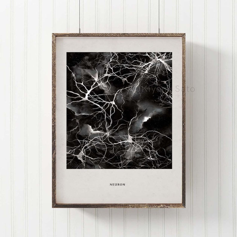 May include: Framed art print featuring a black and white watercolor depiction of neurons. The artwork showcases intricate, branching lines against a dark, textured background. The word "NEURON" is printed in a simple font at the bottom of the print.