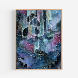 Aurora Watercolor Poster, Northern Lights Art Print, Nature art wall decor Night sky print