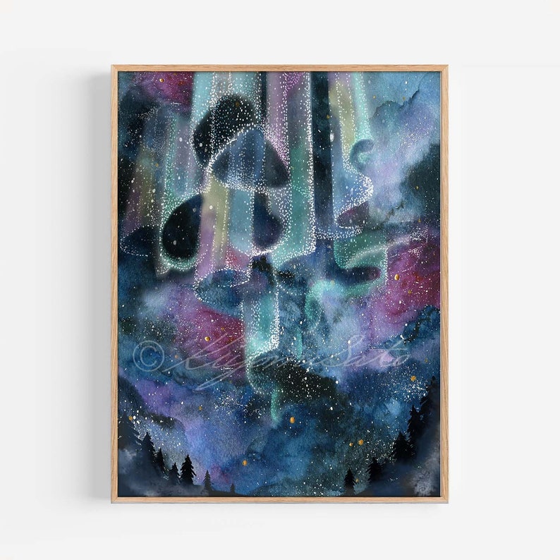 May include: A watercolor painting of a starry night sky with a vibrant aurora borealis in shades of green, blue, and purple. The aurora is depicted as flowing ribbons of light, with a few golden stars scattered throughout the sky. A dark forest silhouette is visible at the bottom of the painting.