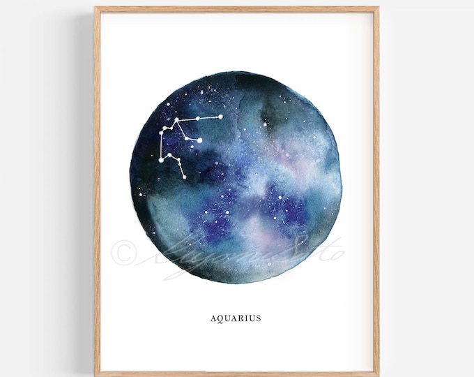 Aquarius Constellation Watercolor Art Print, Zodiac Poster