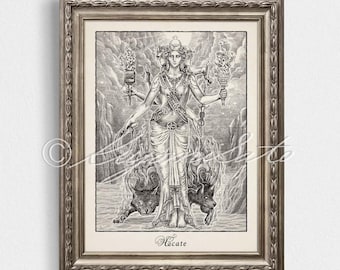 May include: A black and white illustration of Hecate, the Greek goddess of witchcraft, magic, and the crossroads. She is depicted with three heads and holding torches. Two black dogs are at her feet.