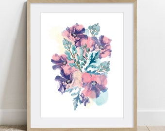 Blue Flower Botanical Poster, print, wall decor Floral watercolor art