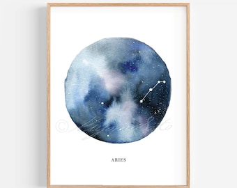Aries Constellation, Aries Astrological sign, Watercolor Zodiac art poster, Aries Constellation wall decor
