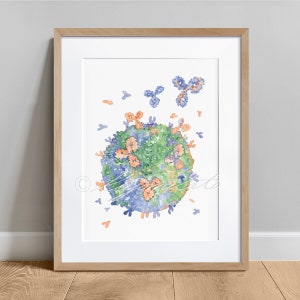 B cell and Antibodies Art Print, Biology Art Poster, Immunology Science Art Watercolor