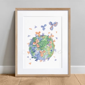 May include: A watercolor painting of a virus cell surrounded by antibodies. The virus is green, blue, and orange, and the antibodies are blue and orange.