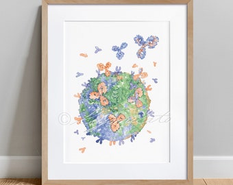 B Cell and Antibodies Watercolor Art Print, Immunology Science Poster