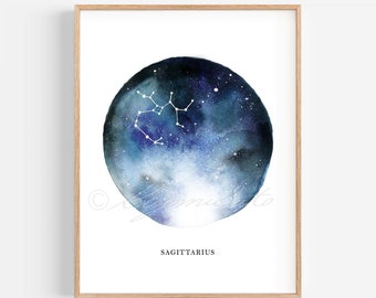 Sagittarius Constellation Watercolor Print, Zodiac Art