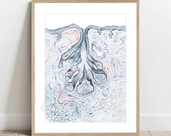 Nostrils sebaceous gland histology art, Science Art Decor, Histology Watercolor Poster, Anatomy Art Print
