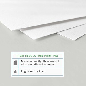 Op de afbeelding: Details over hoge resolutie printen: Museumkwaliteit, zwaar, ultra glad mat papier en hoogwaardige inkt.