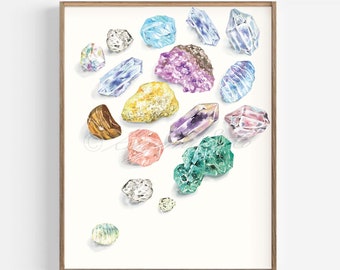 May include: A watercolor painting of various colorful gemstones, including amethyst, citrine, emerald, and rose quartz. The gemstones are arranged in a loose, organic pattern on a white background.