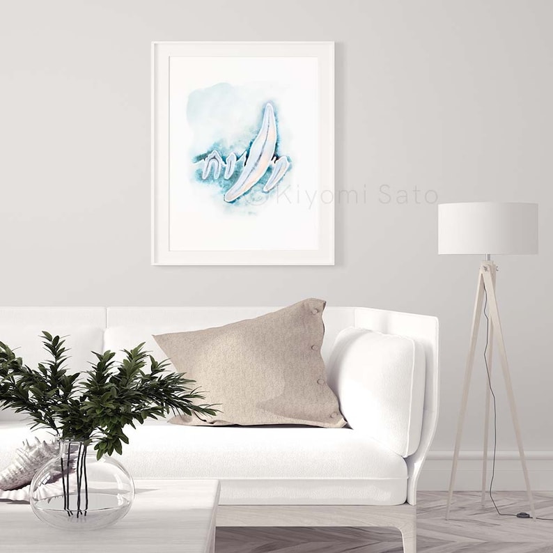 May include: A framed watercolor painting of abstract shapes in shades of blue and white. The painting is titled "kiyomi Sato".