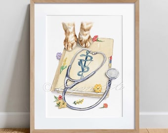 Veterinary Stethoscope Watercolor Art Print, Cat Paw Decor