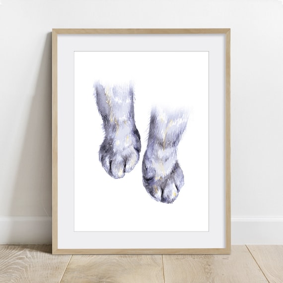 Grey Cat Paws Watercolor Art Print, Vet Tech Decor
