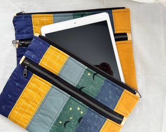 Green and Navy Quilted Large Double Zipper Pouch