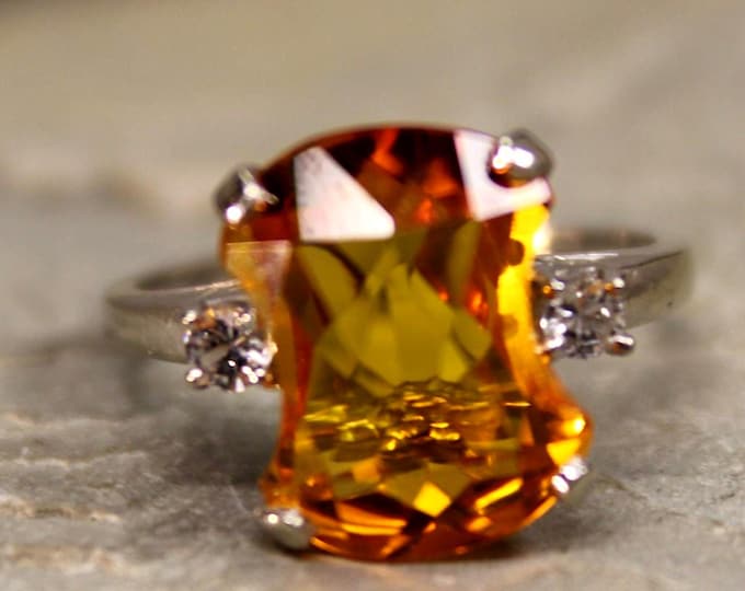1980s Vintage 4ctw Citrine Ring 10K Solid White Gold Citrine & Topaz Ring Honey Citrine Ring 10k Solid White Gold