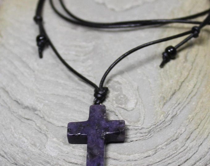 Small Natural Purple Turquoise Stone Cross Pendant Necklace Adjustable Leather Cord Turquoise pendant Handmade Religious Cross Christian