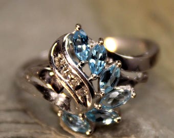 1990's Vintage Blue Topaz Diamond Ring 10K Solid Gold 2.6 Grams Size 10.5 Topaz Diamond Ring Blue Topaz Engagement Ring Vintage Gold Rings